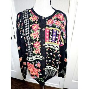 Vtg Northern Isles Knitted By Hand Cardigan LARGE Floral COTTON Ramie